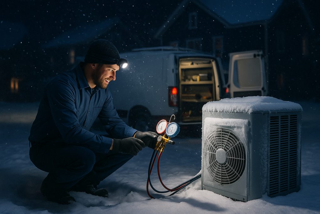 Technician inspects frozen outdoor heat pump during emergency HVAC service in snowy Portland