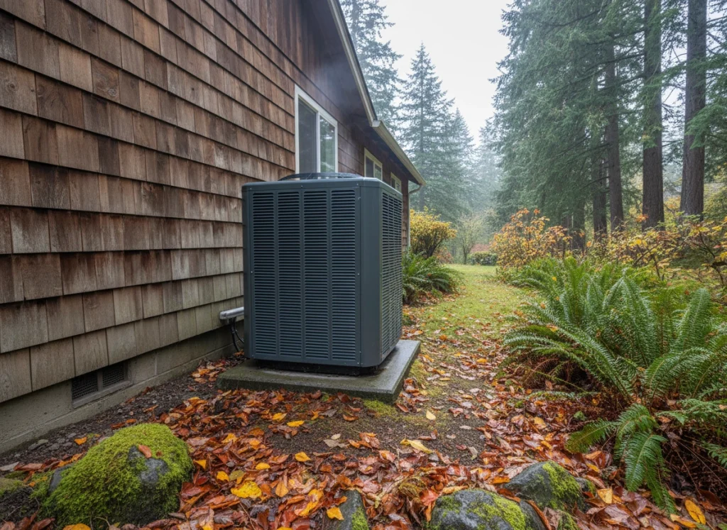 Energy-efficient heat pump installed outside a Pacific Northwest home