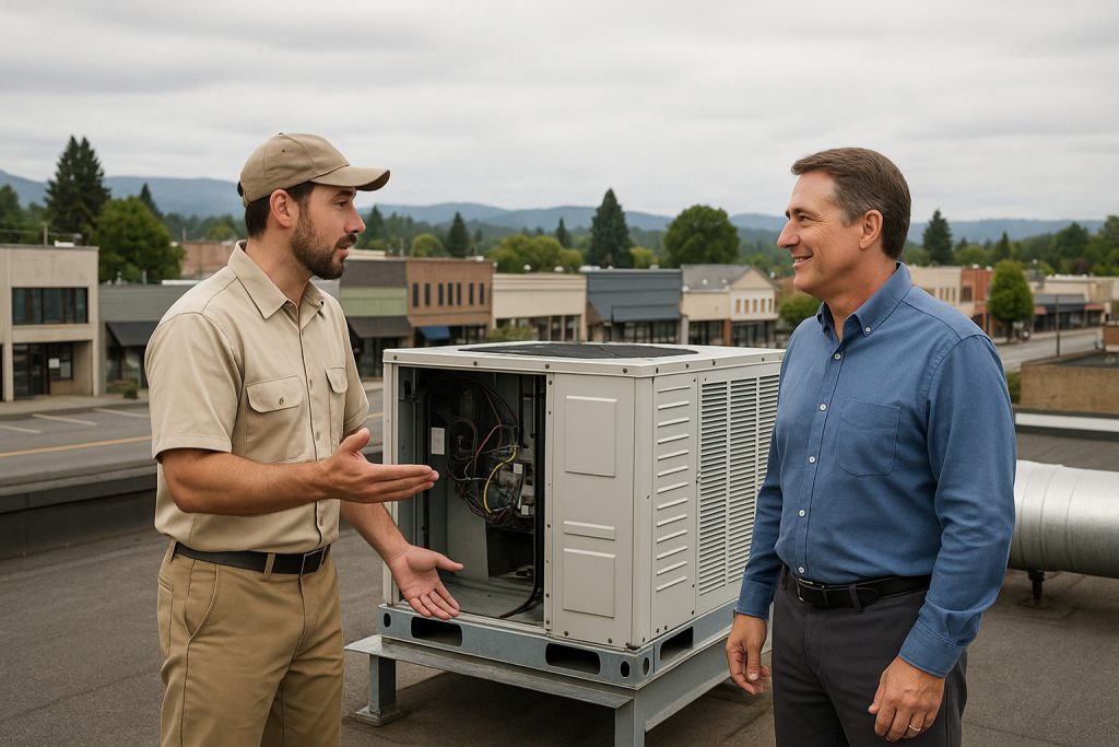 Commercial HVAC technician explains rooftop repair to Gresham business owner