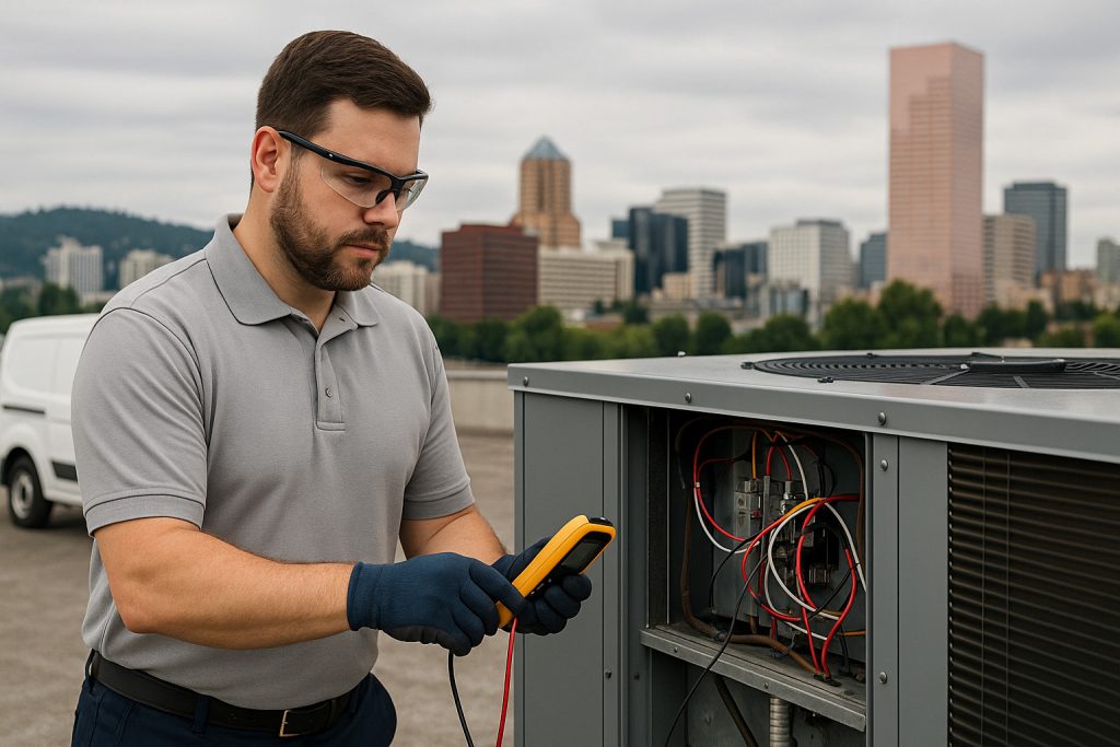 Technician testing rooftop commercial HVAC unit with multimeter in Portland