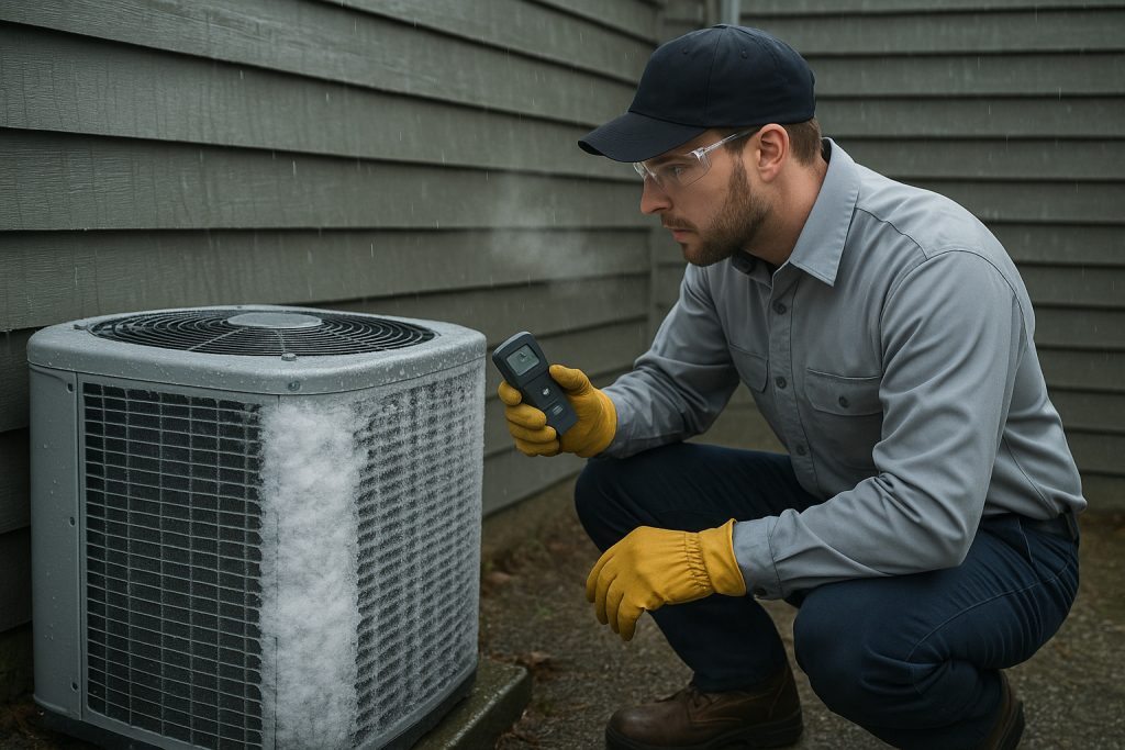 Technician diagnosing ice-covered outdoor AC unit during emergency call in Gresham