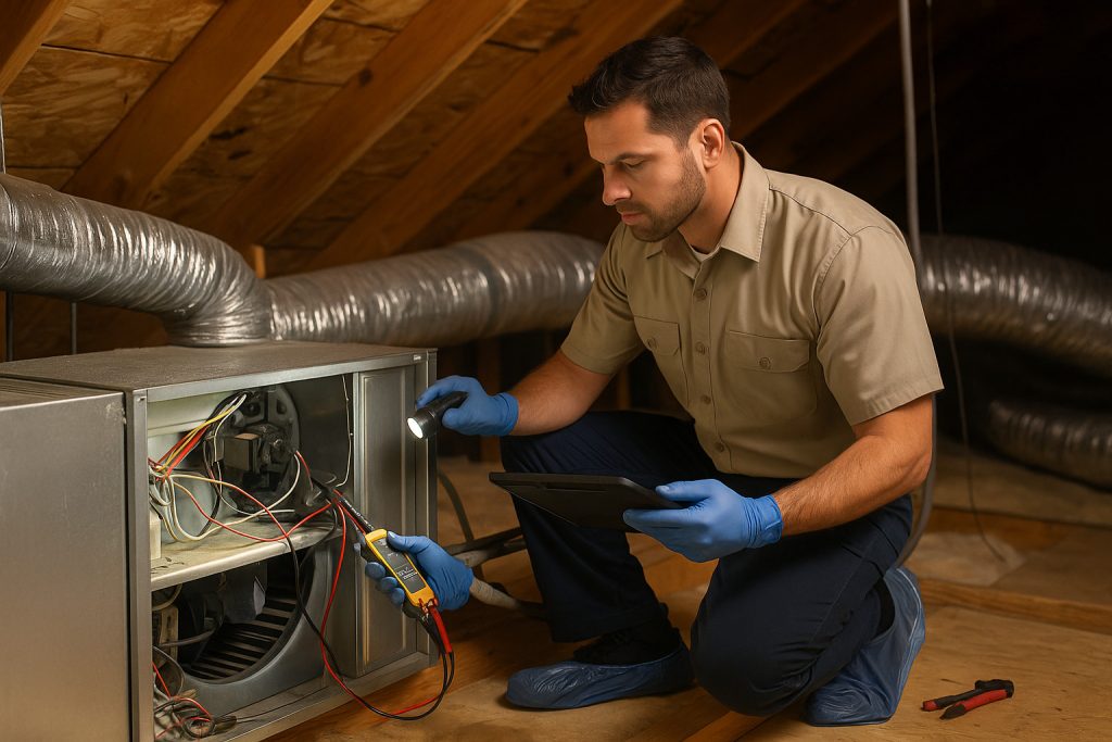 Technician checking air handler in attic during HVAC diagnostic in Gresham home