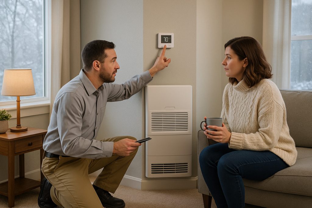 Gresham HVAC technician explains furnace thermostat to homeowner in cozy living room