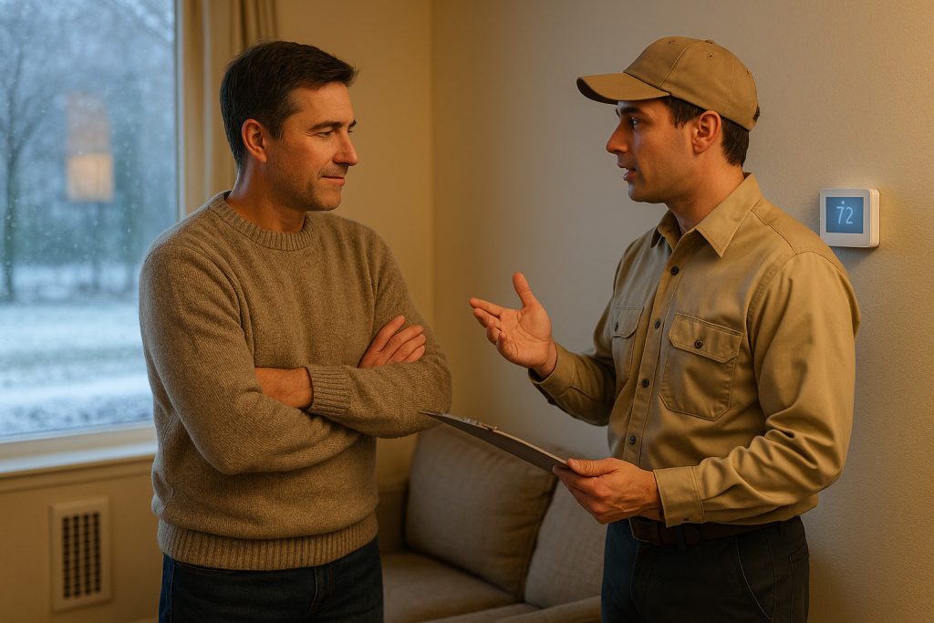 Homeowner speaking with HVAC technician in Gresham living room about furnace repair