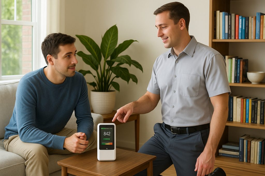 Technician explaining indoor air quality test results on a digital monitor to a homeowner.