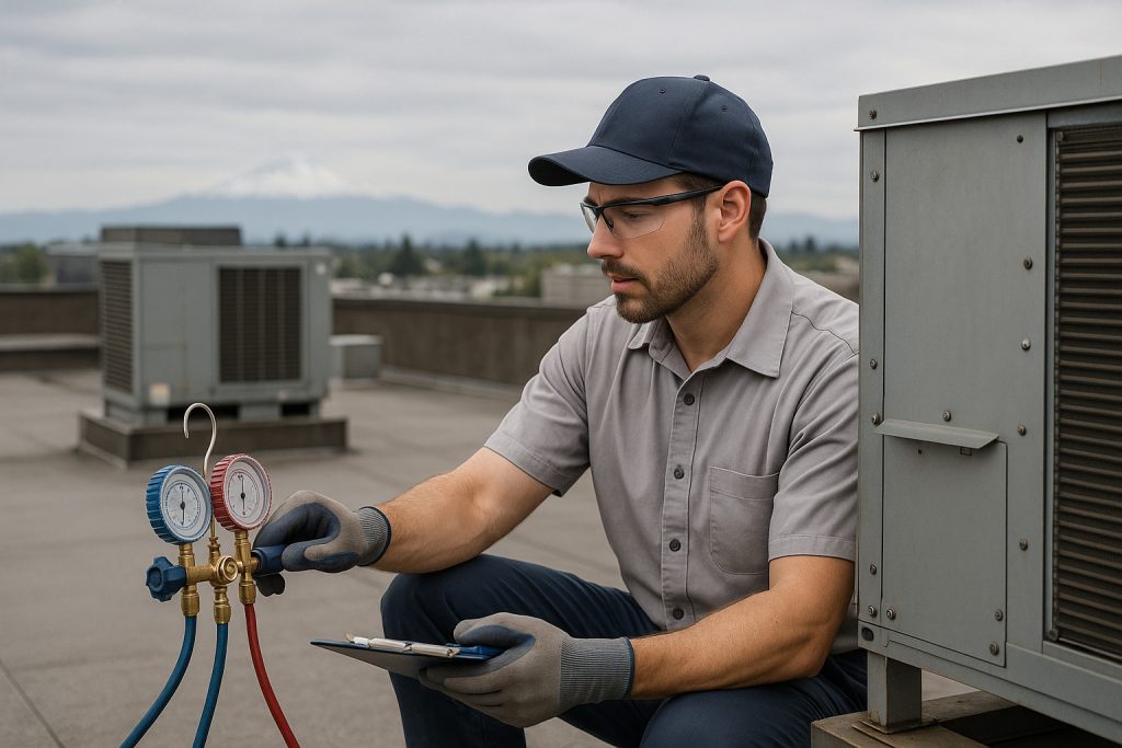 Technician uses manifold gauge on rooftop HVAC unit in Portland commercial setting with Mount Hood in background