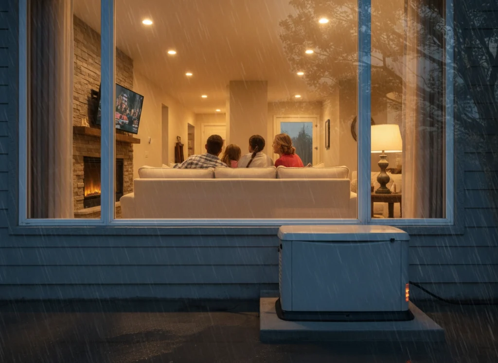 A family, relaxing together during a storm while a whole home generator powers, the house in the background.