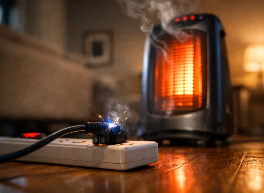 A slightly smoking space heater in the living room, plugged into a power strip that is sparking slightly.