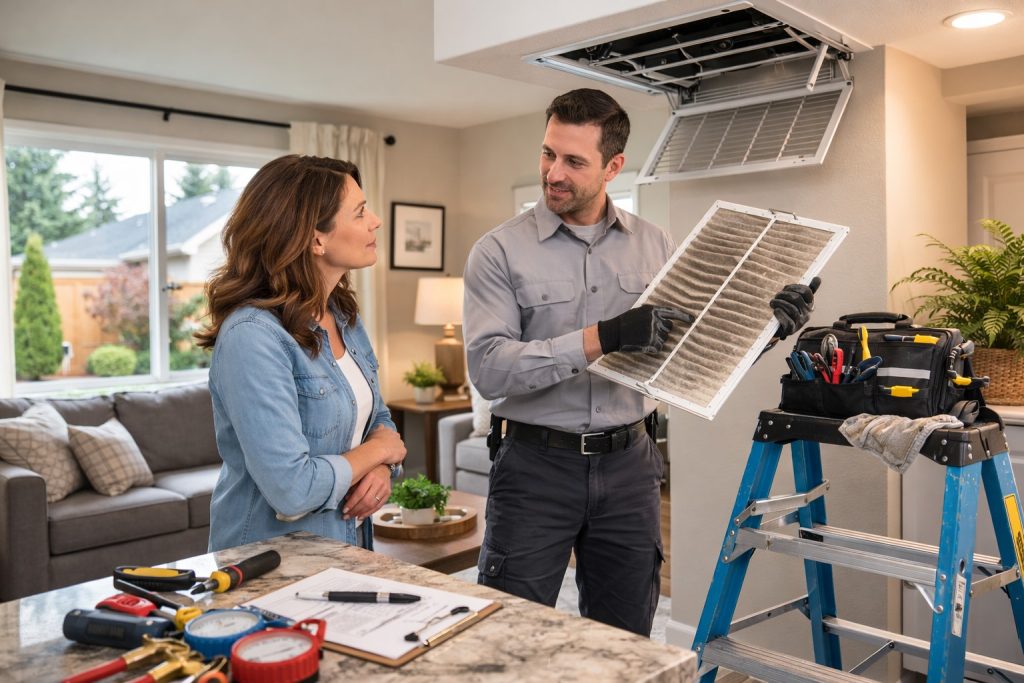 homeowner reviewing dirty AC filter with technician
