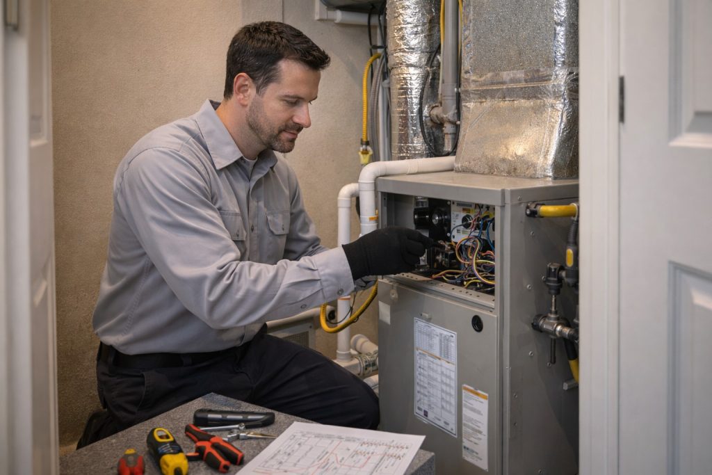 technician installing traditional ducted heat pump system