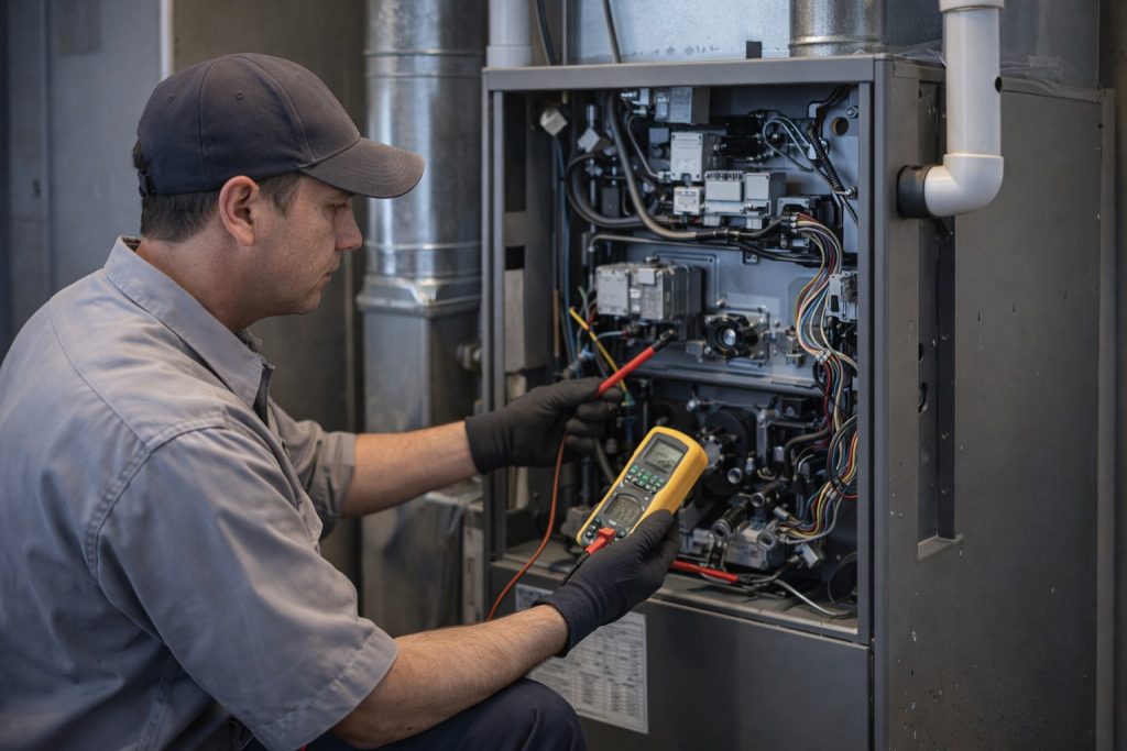 HVAC technician performing furnace repair diagnostics.