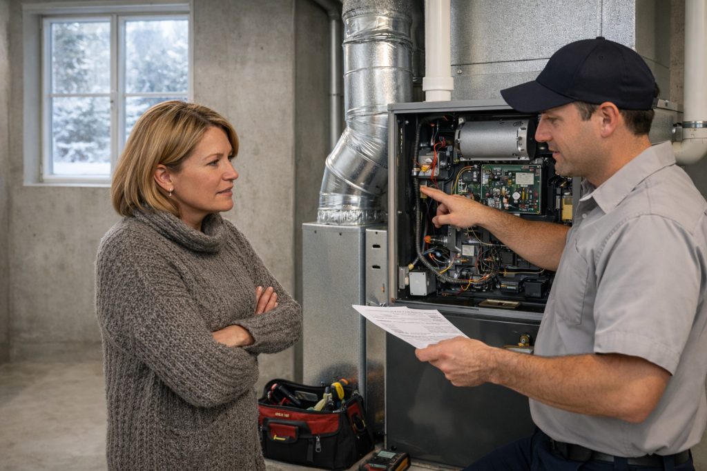 Homeowner and technician reviewing furnace repair in a Gresham utility room during winter