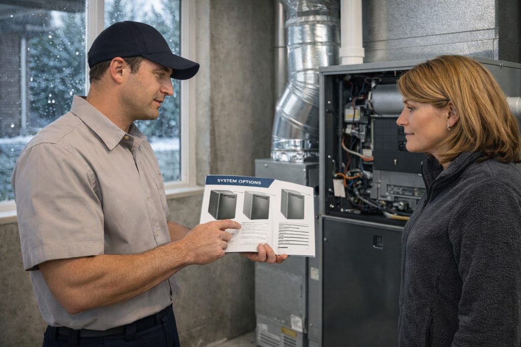 Homeowner and HVAC consultant reviewing furnace replacement in Gresham utility room.