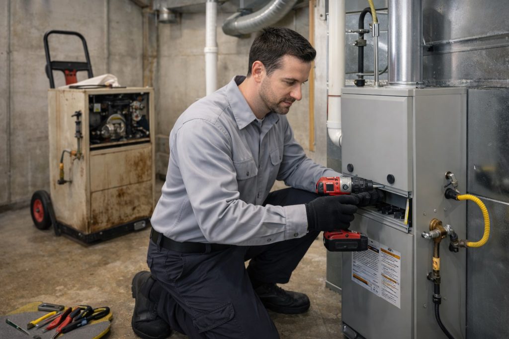 technician installing new gas furnace in Oregon basement