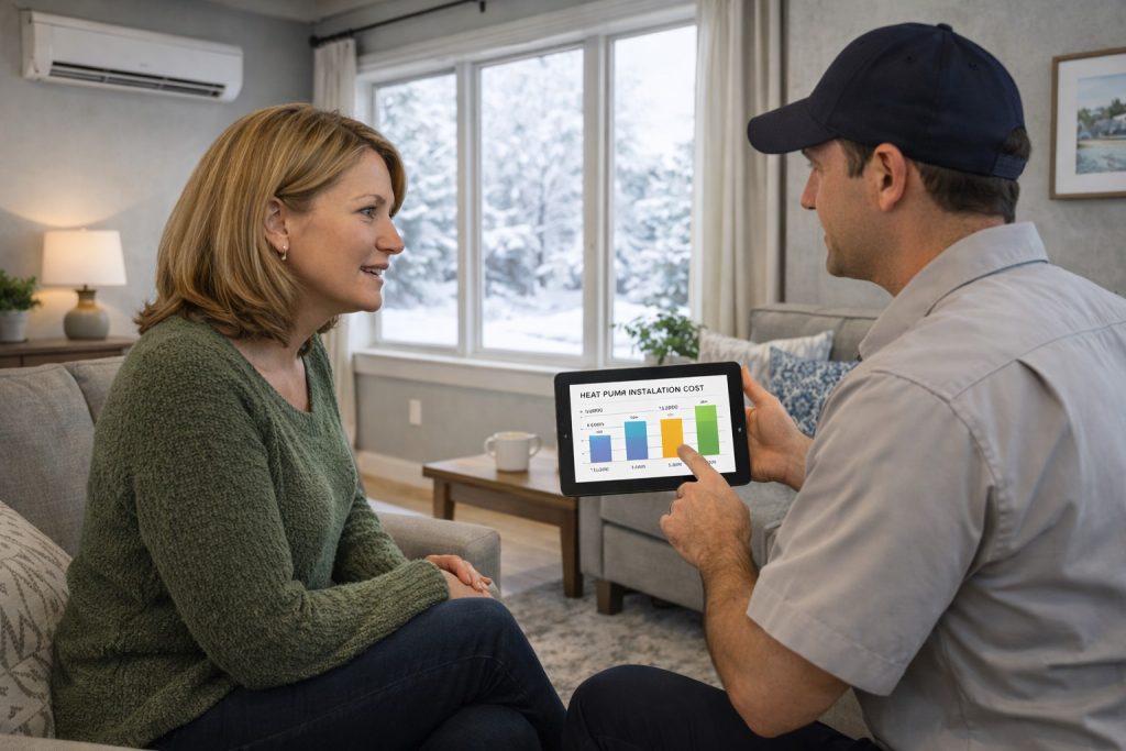 Homeowner and HVAC technician reviewing heat pump installation costs in Gresham living room.