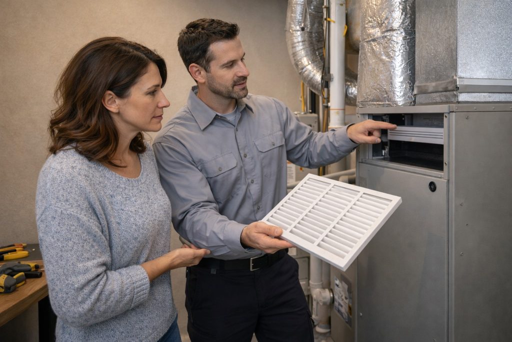 technician showing homeowner how to replace heat pump air filter