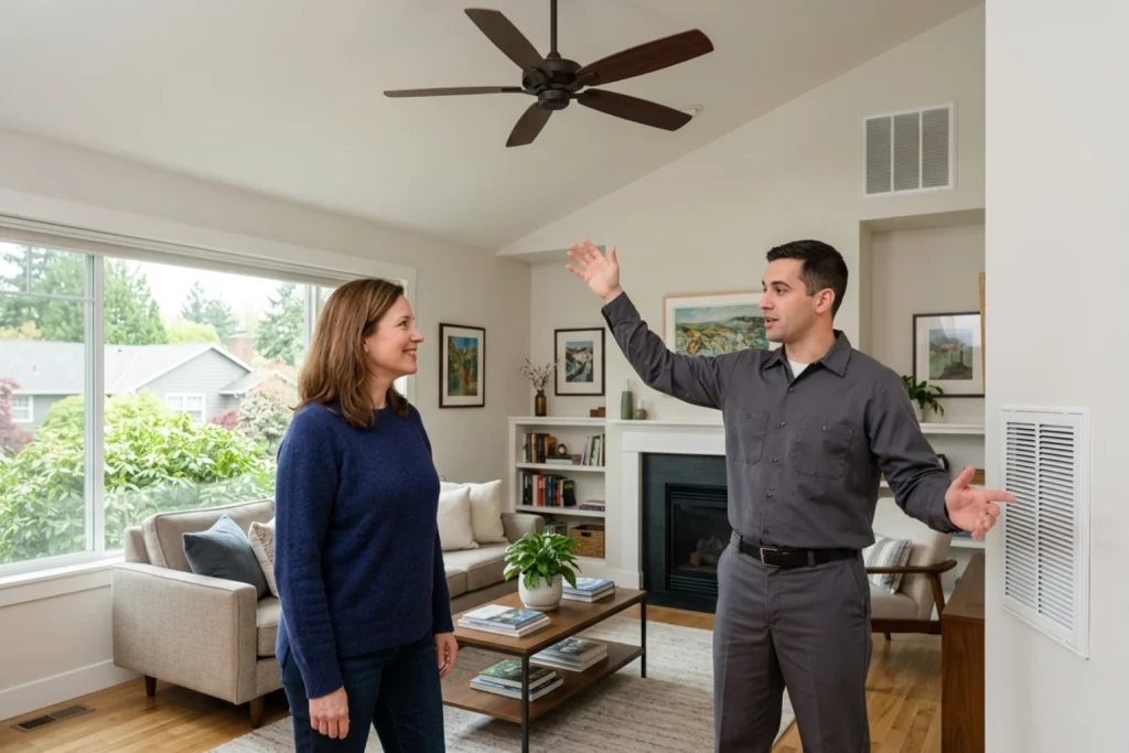 Portland homeowner discussing airflow and ventilation upgrades