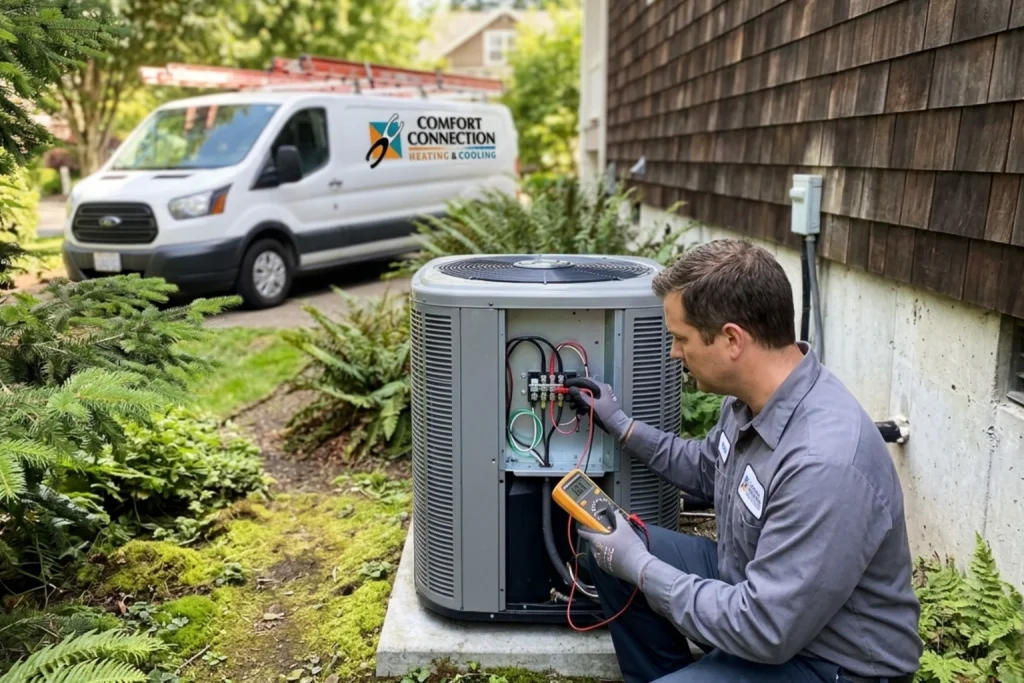 Technician inspecting AC and electrical components before summer