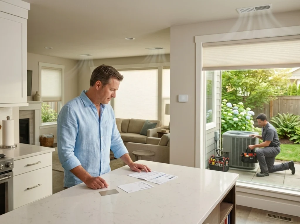 Portland homeowner reviewing summer AC maintenance plan benefits