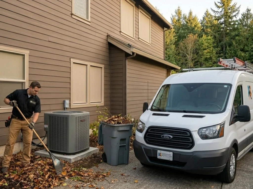 A HVAC tech cleaning up yard debris around and AC unit.